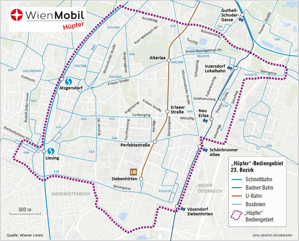 die Grafik zeigt das erweiterte Bediengebiet des Wien Mobil Hüpfer in Liesing mit insgesamt 340 Haltepunkten