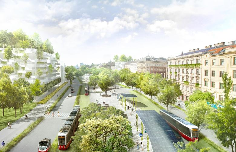 a green boulevard with many trees Flexity trams and autonomously driving minibuses