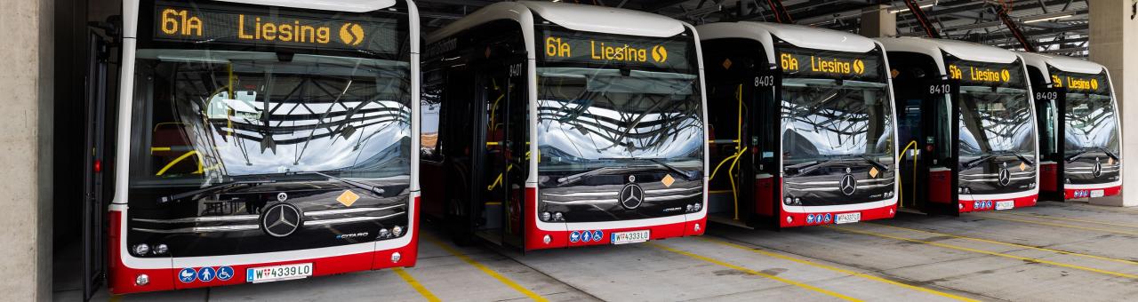 Vier Wiener Linien E-Busse nebeneinander