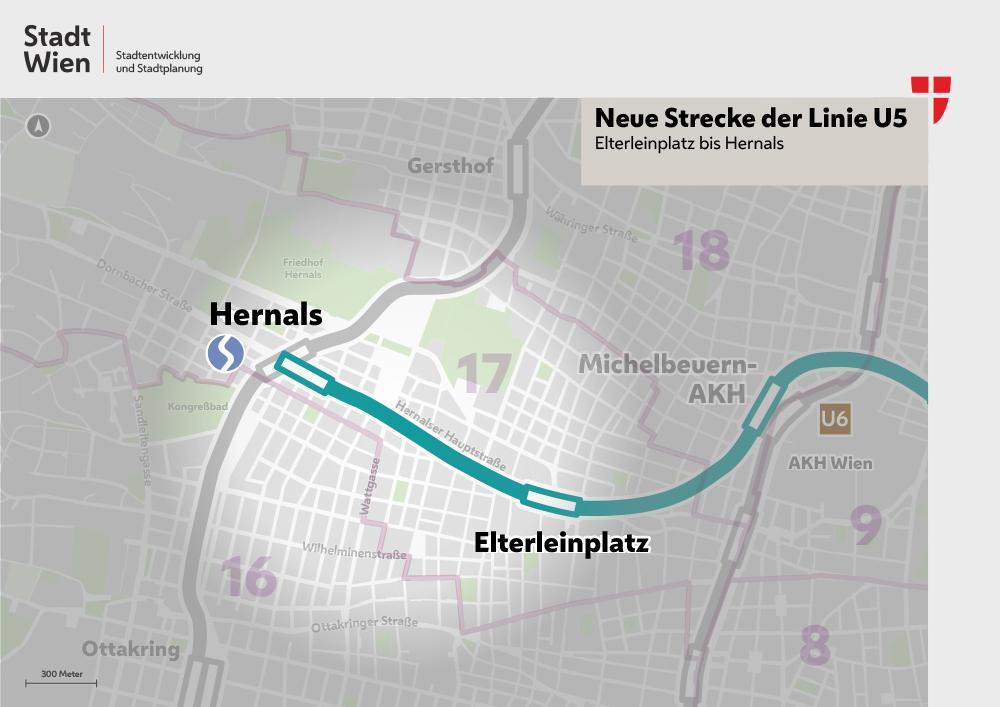 die Grafik zeigt die verlängerte Strecke der U5 von Elterleinplatz bis Hernals