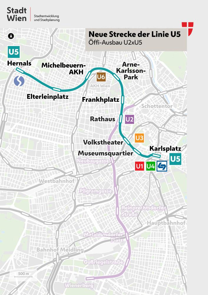 die Grafik zeigt Linien und Stationen des Öffi-Ausbaus U2xU5 nämlich die Strecke der U5 von Karlsplatz bis Hernals und die Strecke der U2 von Schottentor bis Wienerberg