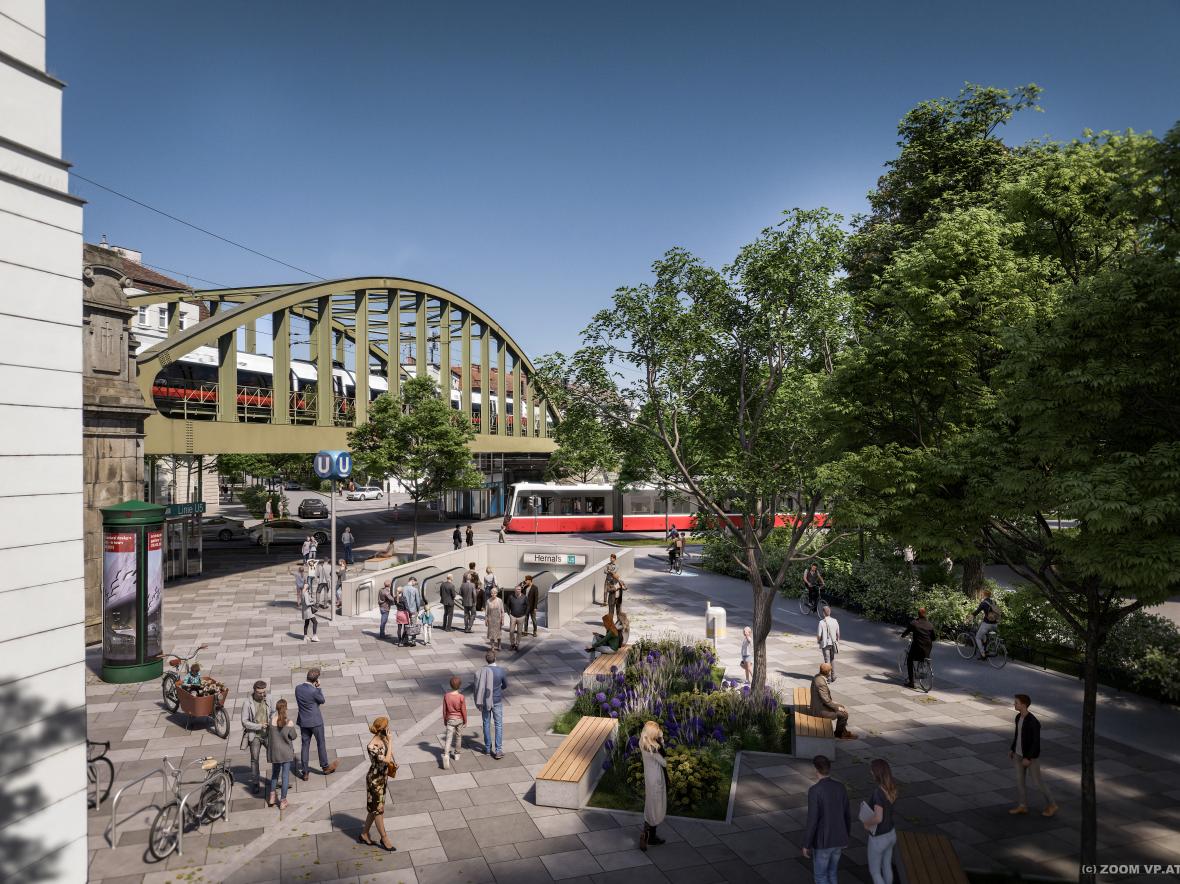 die Visualisierung zeigt den Eingang zur U5-Station Hernals neben der S-Bahn mit viel Grün Fußgängerinnen und Fahrradfahrerinnen