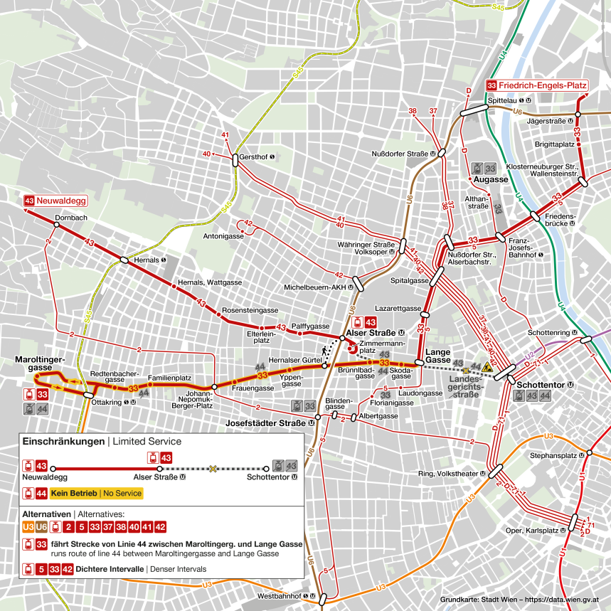 die Grafik zeigt die Verkehrsmaßnahmen der Wiener Linien während der Umgestaltung der Universitätsstraße