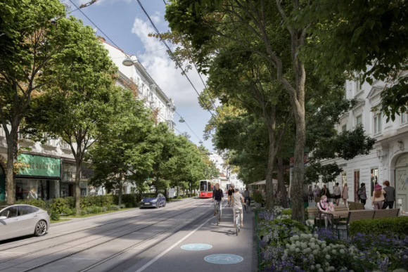 Visualisierung der Wiedner Hauptstraße mit Grünflächen und einem Zwei Richtungs Radweg