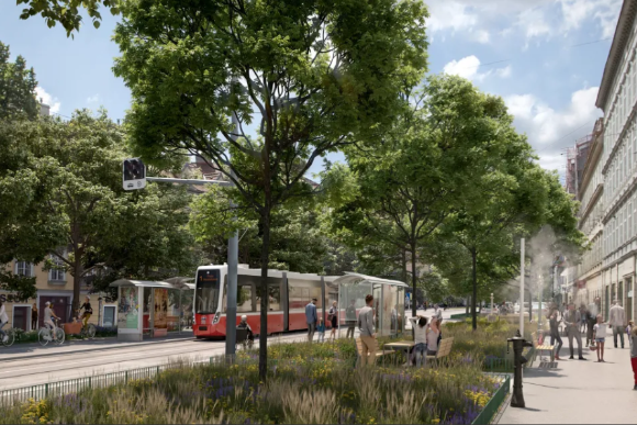 Visualisierung der Wiedner Hauptstraße mit vielen Bäumen und Grünflächen und einer Flexity Straßenbahn