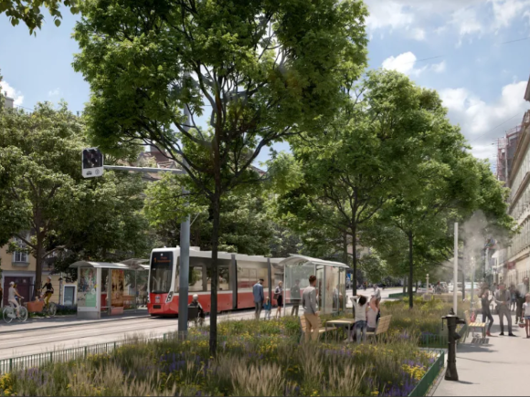 eine Flexity Straßenbahn mit vielen Bäumen und Grünflächen und einem Radweg