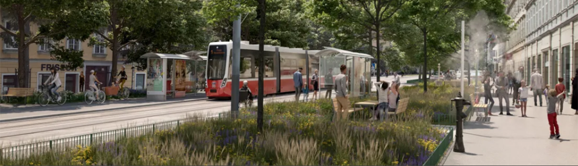 Visualisierung der Wiedner Hauptstraße mit neuen Grünflächen einem Zweirichtungsradweg und einer Flexity Straßenbahn
