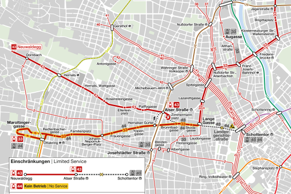 Graphic of public transport restrictions and alternatives during the remodelling and track renewal in Universitätsstraße
