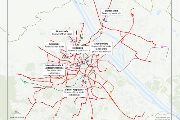 the illustration shows a map of Vienna with tram construction sites in 2024
