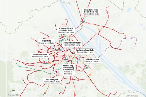 the illustration shows a map of Vienna with tram construction sites in 2025