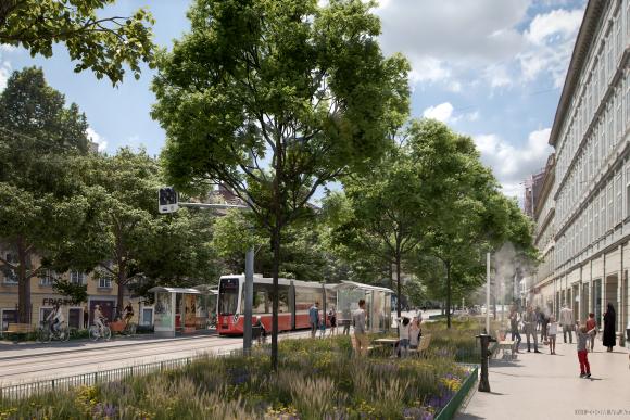 a Flexity streetcar cyclists on a biking lane and pedestrians in a green street with many trees and flowers