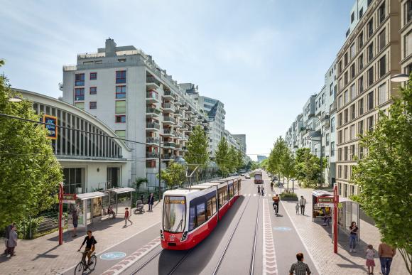 visualisation of a Flexity tram of line 12 in a street with green trees