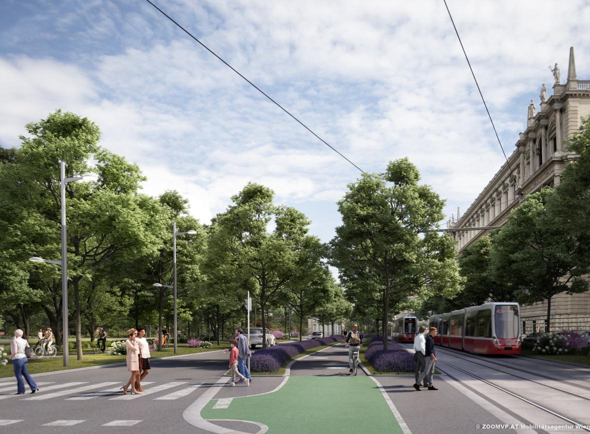Visualisierung der Universitätsstraße nach der Umgestaltung mit grünen Bäumen und Flexity Straßenbahn