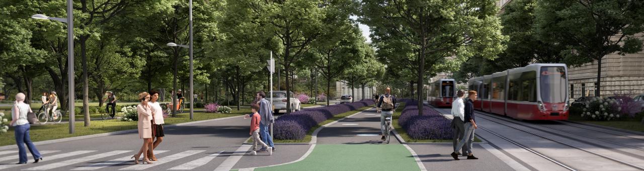 Visualisierung der Universitätsstraße nach der Umgestaltung mit grünen Bäumen und einer Flexity Straßenbahn