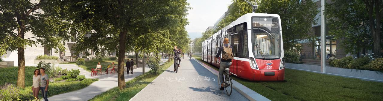 visualisation of a Flexity tram on a green track and a street and bike lane with many green trees