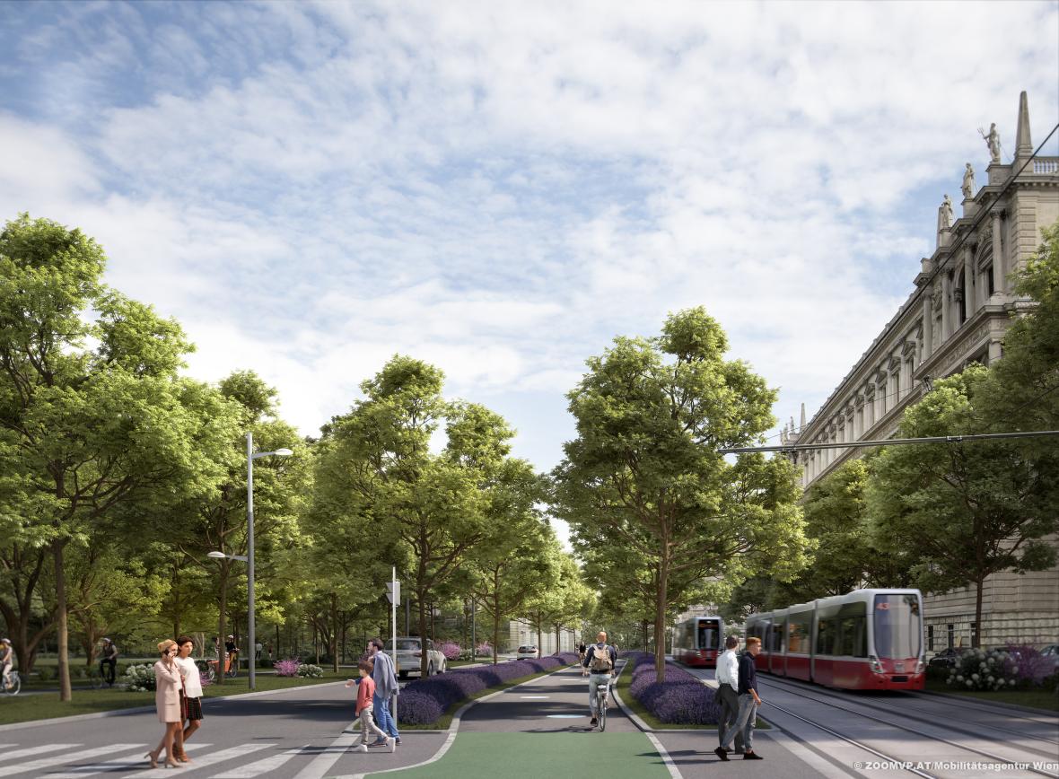 visualisation of Universitätsstraße after the redesign with a Flexity tram and many green trees