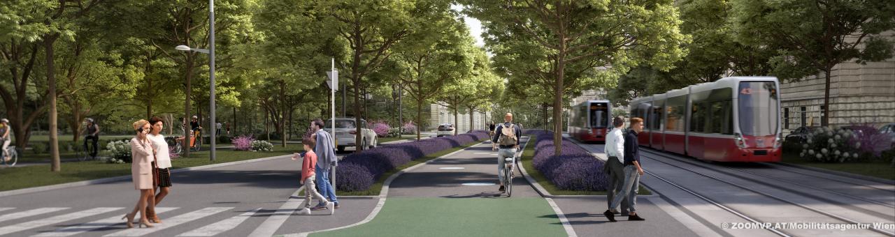 visualisation of Universitätsstraße with many green trees after the redesign