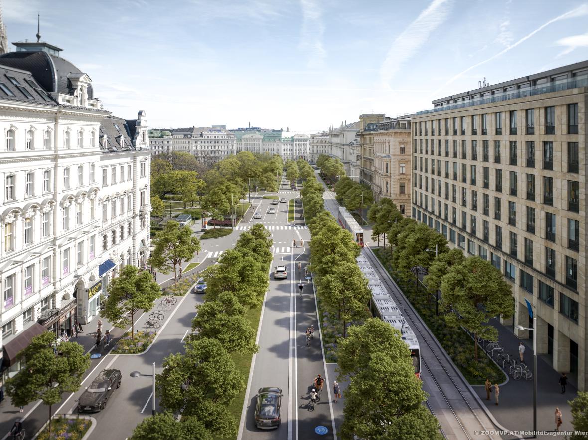 visualisation of Universitätsstraße after the redesign with many green trees
