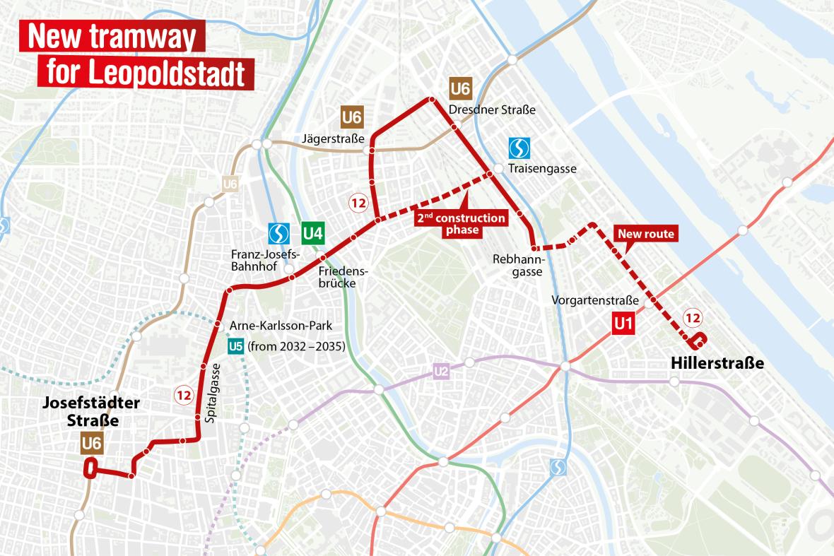 the illustration shows the route of the new tram line 12