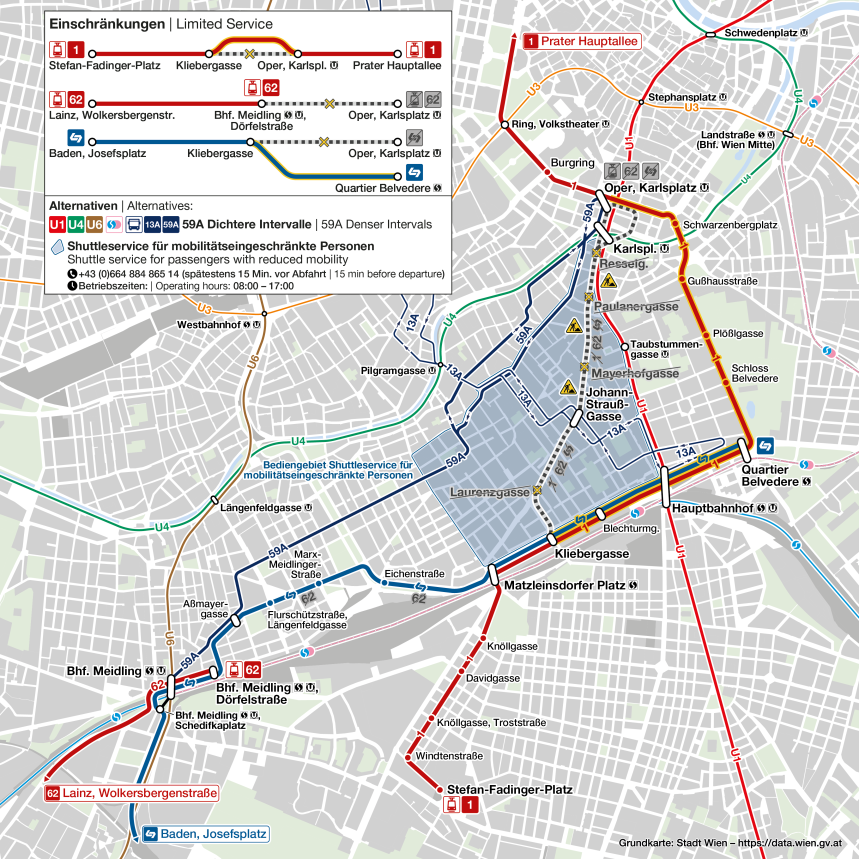 The diagram shows the closure of Wiedner Hauptstraße during the track construction work with the alternative routes for public transport during the renewal of the tracks in Wiedner Hauptstraße