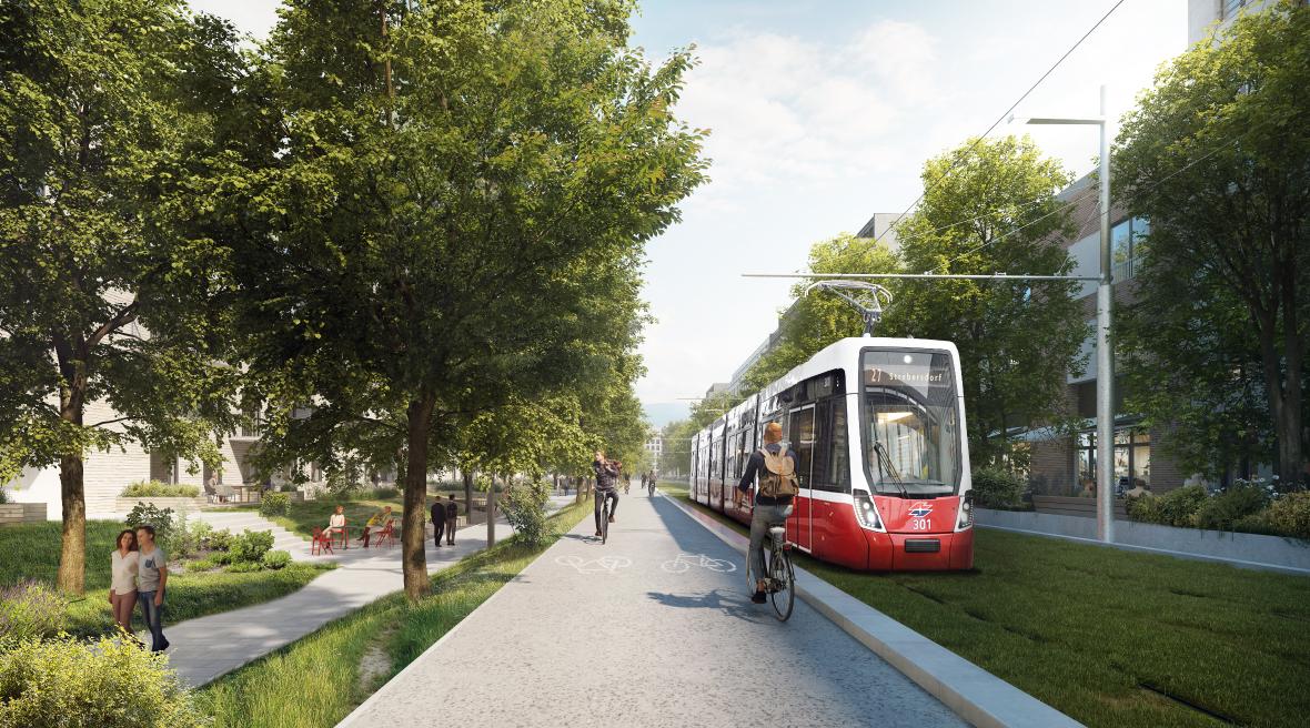 Die Visualisierung zeigt den grün Boulevard Hirschstettner Hauptallee eine Flexity Straßenbahn auf einem Grüngleis inmitten von Bäumen und Grünflächen daneben Radfahrer