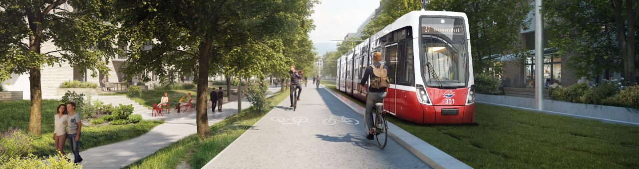 Visualisierung einer Flexity Straßenbahn die auf einem Grüngleis fährt daneben Bäume Grünflächen und Radfahrer